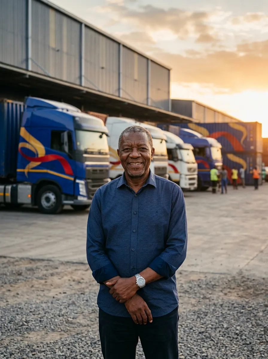 Senior logistics executive standing in front of trucks and a warehouse