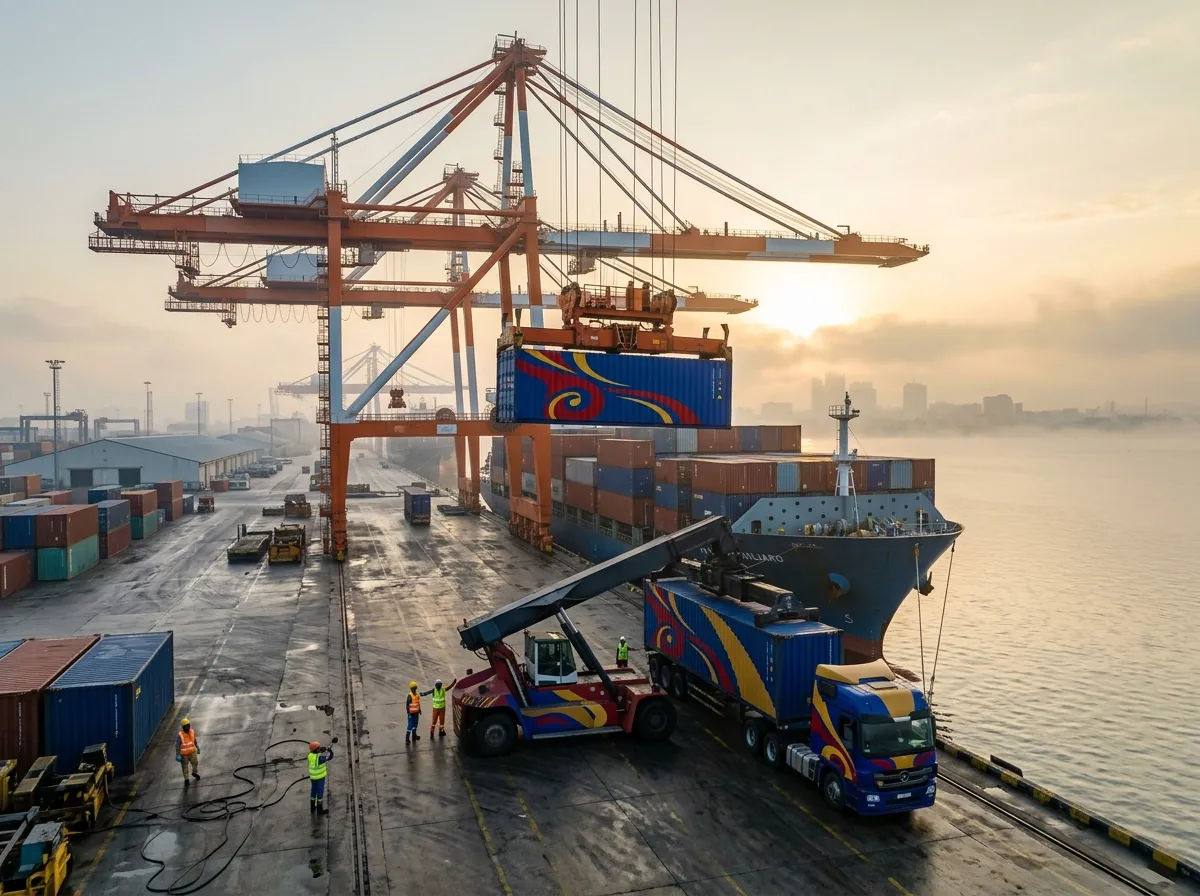 Container cranes lifting a container from a ship