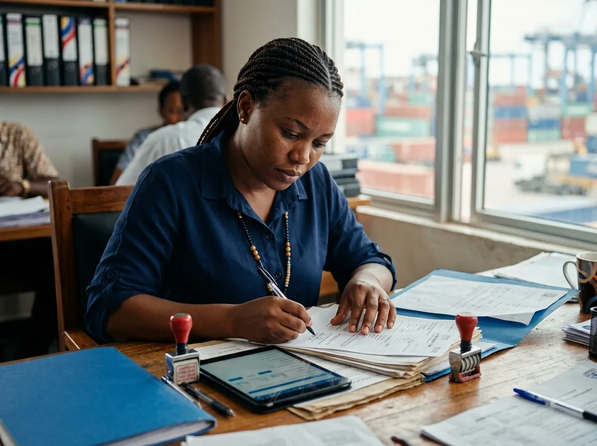 Clearing agent reviewing paperwork at a desk