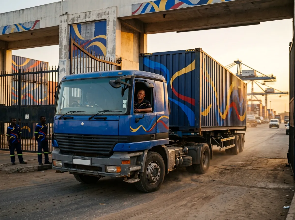 Truck leaving a port gate with a sealed container