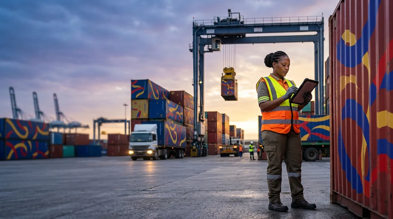 Logistics officer checking a container in a port yard