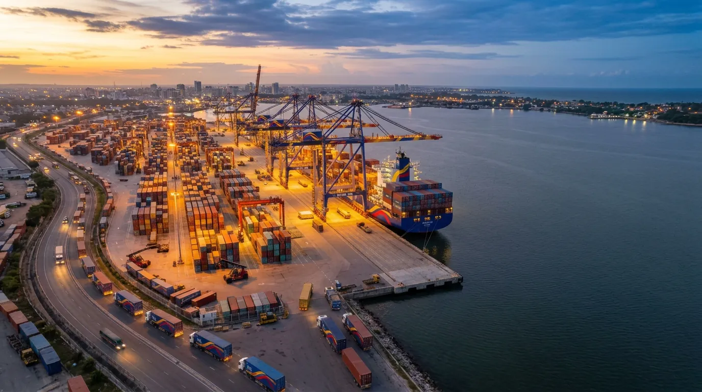 Aerial view of a container port with a ship at the quay