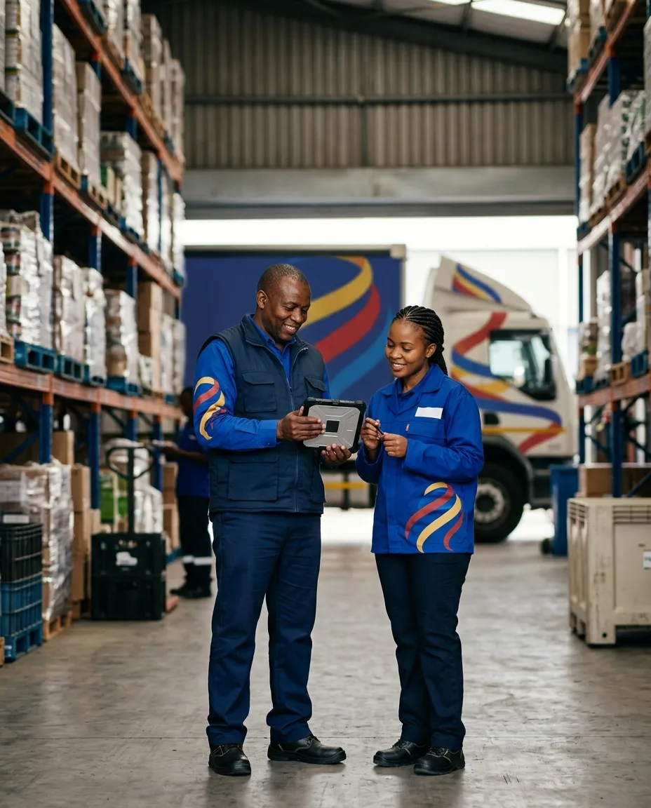Logistics manager and operations coordinator reviewing a tablet in a warehouse